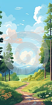 Evergreen Forest: Beautiful Cartoon Illustration Of A Sunny Day photo