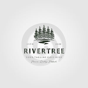 Evergreen pine tree logo vintage with river creek vector emblem illustration design