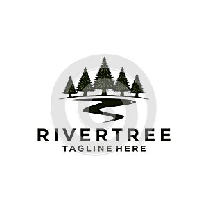 evergreen pine tree logo vintage with river creek vector emblem illustration design