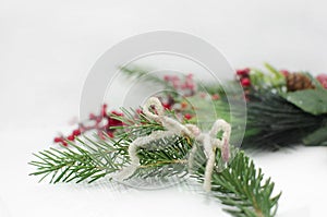 Evergreen tree twigs on white background, Christmas decorations and copy space