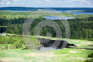 Evergreen woods and blue lakes in Karelia, aerial view