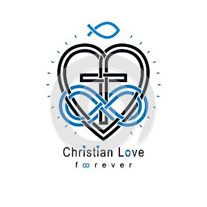 Everlasting Christian Love and True Belief in God vector creative symbol design, combined with infinity endless loop and