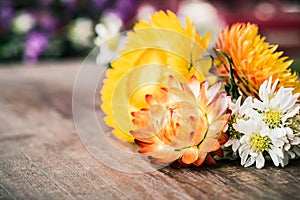 Everlasting flowers and Chamomiles on wood board for background