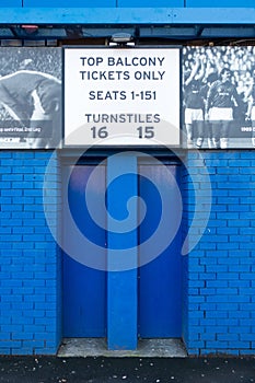 Everton FC football club stadium facade, showing supporter turnstiles 16 to 15.