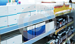 Every brand to get you feeling better. Shot of shelves stocked with various medicinal products in a pharmacy.