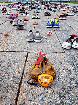 Every child matters. Many children shoes on the Ottawa's Parliament Hill to remember the death of Native people children