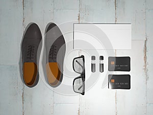 Every day carry man items collection: glasses, flash , shoes .