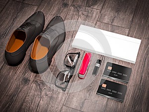 Every day carry man items collection: glasses, knife, shoes .