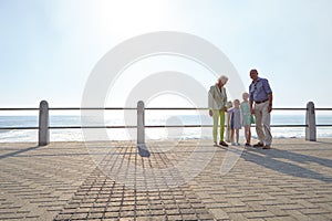 Every day is special with family. grandparents walking hand in hand with their granddaughters on a promanade.