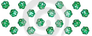 Every number side of a well used green plastic D20 game dice
