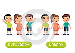 Everybody and nobody antonyms word card vector template. Opposites concept.