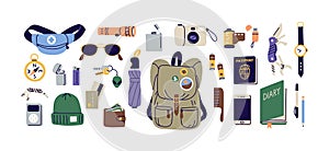 Everyday carry stuff for travel. Tourist bag and accessories set. Backpack content, essentials, things, supplies and photo
