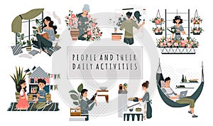 Everyday housework domesticity hobby activity cartoon People characters vector illustration.