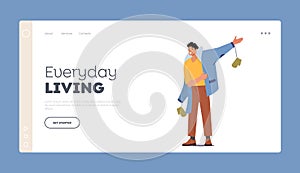 Everyday Living Landing Page Template. Male Character Dressing Warm Coat with Mittens. Man Put on Winter Clothes