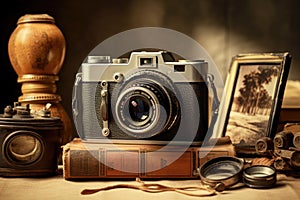 An everyday scene of a camera resting on a table alongside a book, captured in still life photography, Vintage camera and old