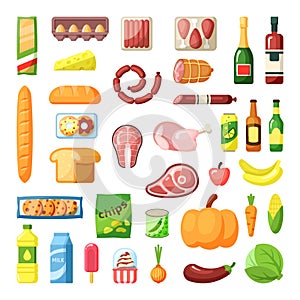 Everyday supermarket food items assortment flat vector illustrations set