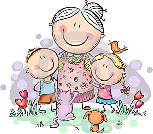 Everyone loves granny, grandmother with grandchilren and pets, colorful vector clipart