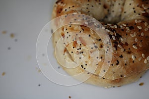 Everything bagel close up on top right corner of white plate