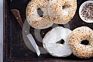 Everything bagels with cream cheese