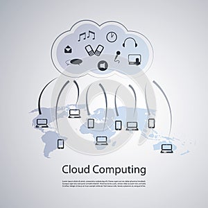 Everything Connected to the Cloud - Blue Cloud Computing Concept Design with World Map and Icons