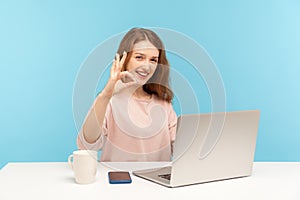 Everything is fine! Positive satisfied young businesswoman in casual clothes showing ok gesture, approval hand sign