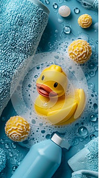 everything floats in soap foam flat lay Rubber Duckie, Soap Foam Fun, Kid-Friendly Shampoo Bottles