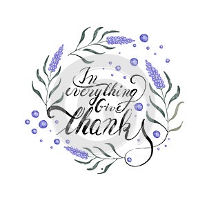 In everything give thanks Christian Bible Scripture Design Emblem with lavender wreath