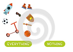 Everything and nothing antonyms word card vector template. Opposites concept.