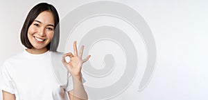 Everything okay. Smiling young asian woman assuring, showing ok sign with satisfied face, standing over white background