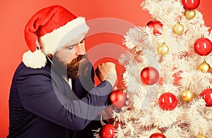 Everything should be shiny. Perfectionist concept. Bearded Santa. Corporate party. Winter holidays. Perfect decorations