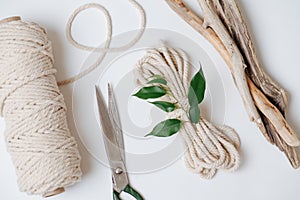 Everything for weaving macrame, rope, scissors and sticks