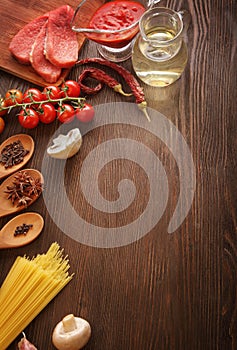 Everything on wood table for the preparation of acute Italian sa