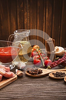 Everything on wood table for the preparation of acute Italian sa