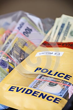 Evidence bag next to dollar banknotes in a crime investigation unit