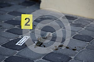 Evidence with yellow CSI marker for evidence numbering on the residental backyard in evening. Crime scene investigation concept