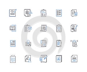 Evidences line icons collection. Proof, Testimony, Documentation, Exhibit, Confirmation, Statistics, Data vector and