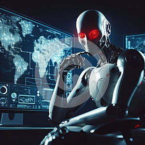 evil AI humanoid robot thinking and plotting