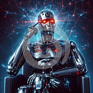 evil AI humanoid robot thinking and plotting
