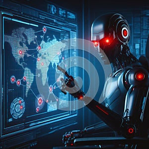 evil AI humanoid robot thinking and plotting