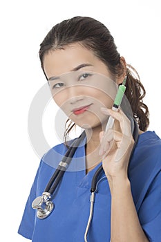 Evil Asian doctor or nurse isolated on white background