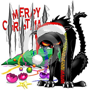 Evil Black Cat Broken Christmas Tree