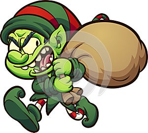 Evil cartoon Christmas elf stealing presents