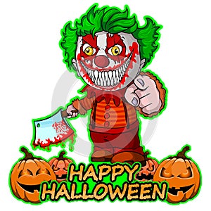 Evil clown holding a knif wishes happy halloween on isolated white background