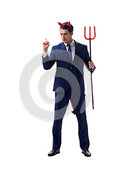 Evil devil businessman with pitchfork isolated on white backgrou