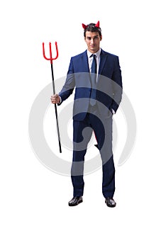 Evil devil businessman with pitchfork isolated on white backgrou