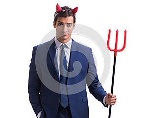 Evil devil businessman with pitchfork isolated on white backgrou