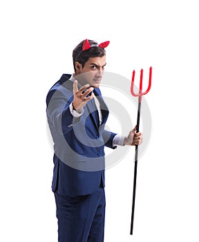 Evil devil businessman with pitchfork isolated on white backgrou