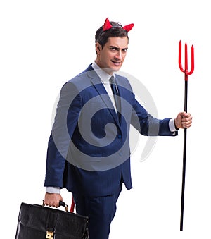 Evil devil businessman with pitchfork isolated on white backgrou