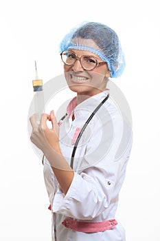Evil doctor with big syringe