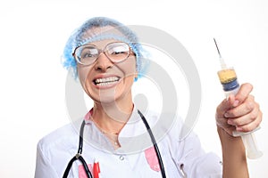 Evil doctor with big syringe